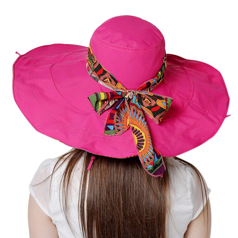 Fakeface Women's Foldable Floppy Reversible Travel Beach Sun Visor Hat Wide Brim UPF 50+ Rose Red - Image 3